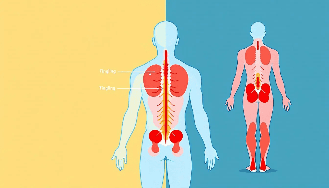 A graphic representation of various sciatica symptoms including radiating pain and tingling sensations.