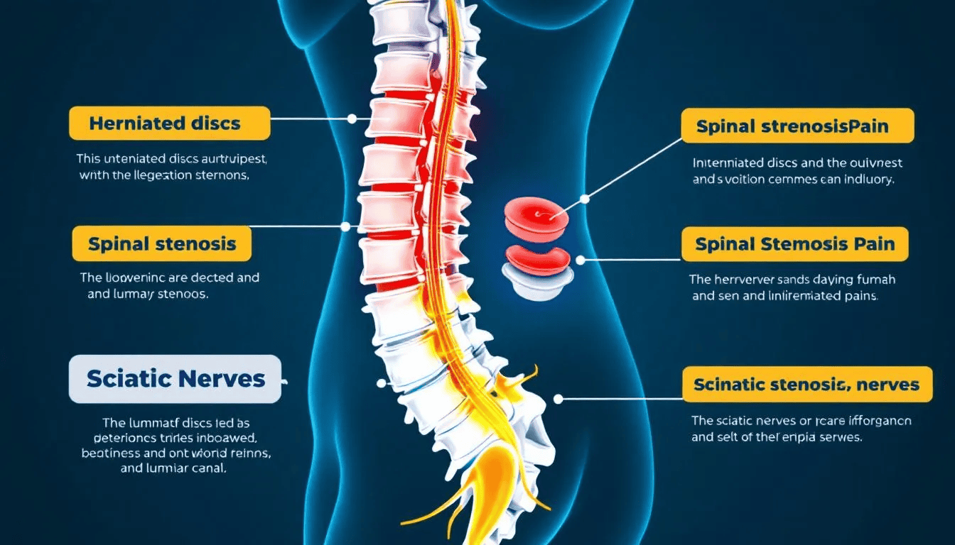 An illustration depicting common causes of sciatica pain, such as herniated discs and spinal stenosis.