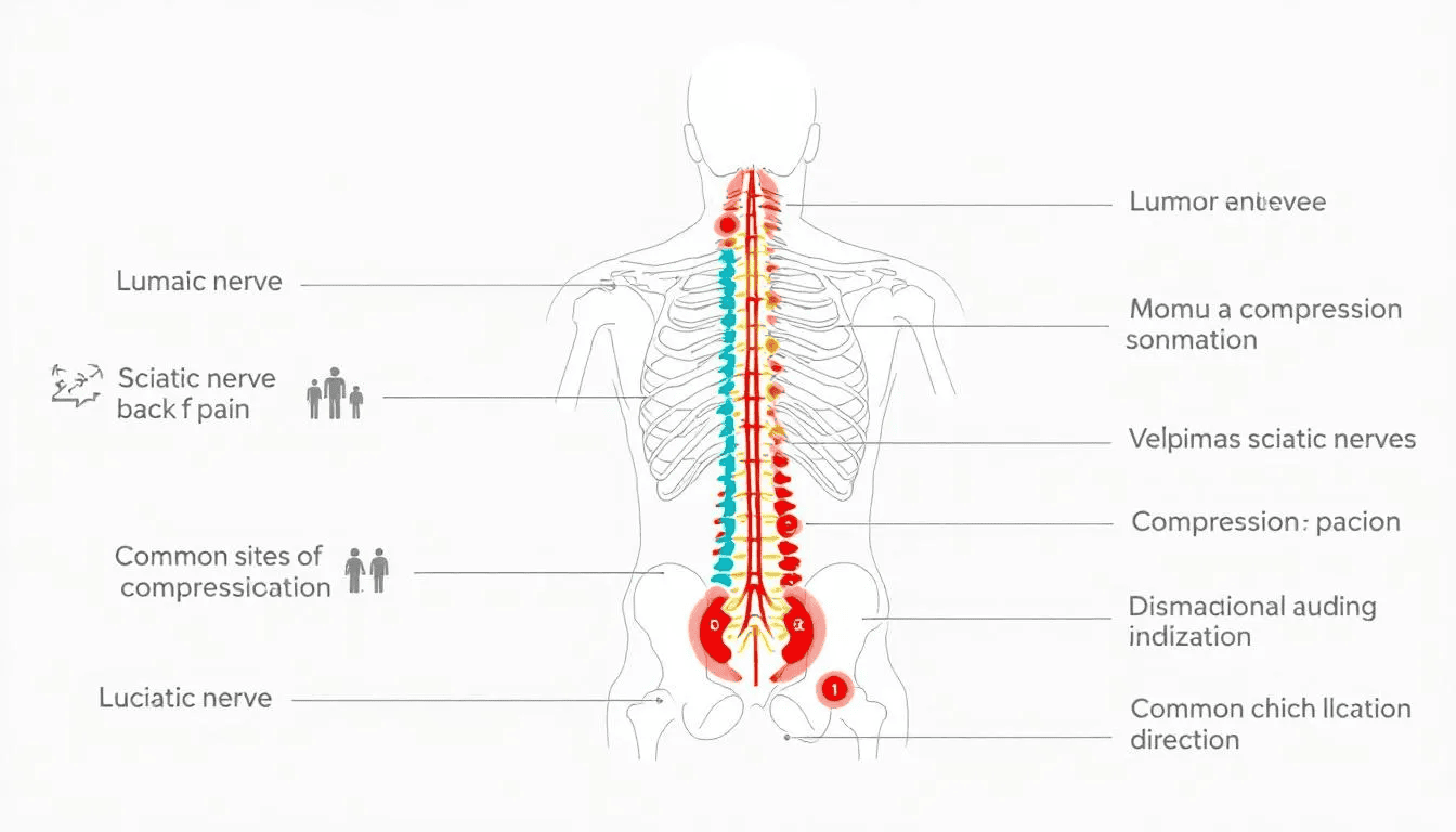 An illustration showing the sciatic nerve and its connection to the lower back, highlighting symptoms of sciatica pain.