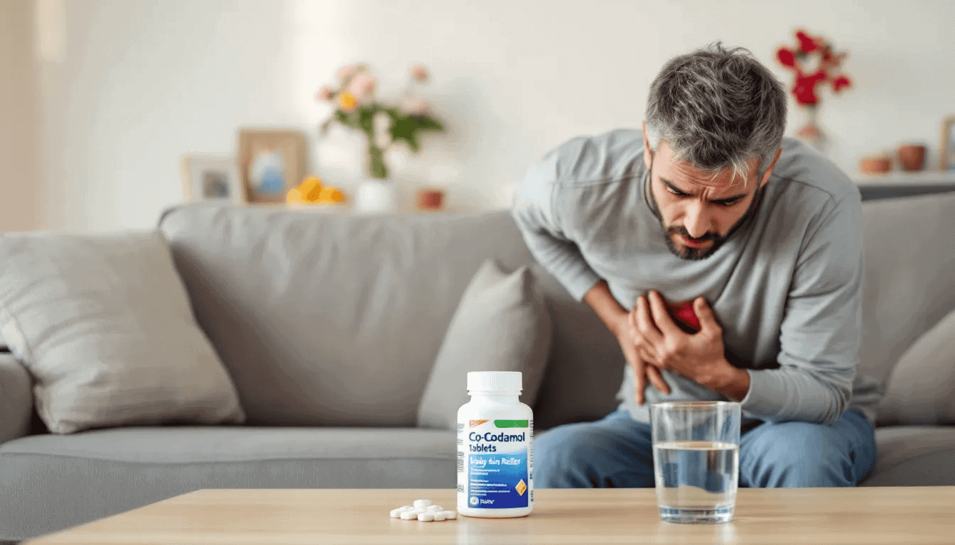 A person experiencing sciatica pain, with Co Codamol on a table nearby, suggesting pain relief options.
