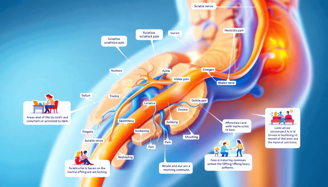 A diagram illustrating the sciatic nerve and areas affected by sciatica pain.