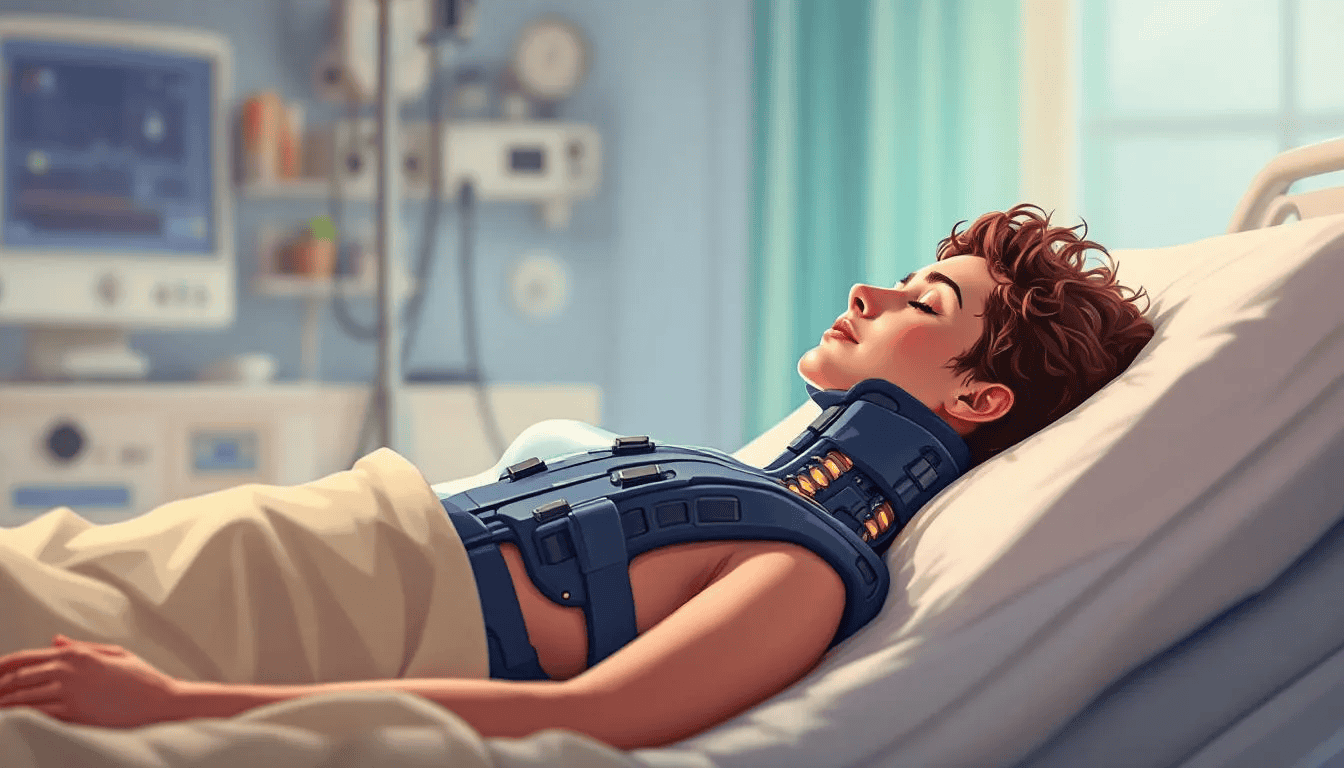 A patient receiving treatment for a spinal fracture, including a spinal brace.