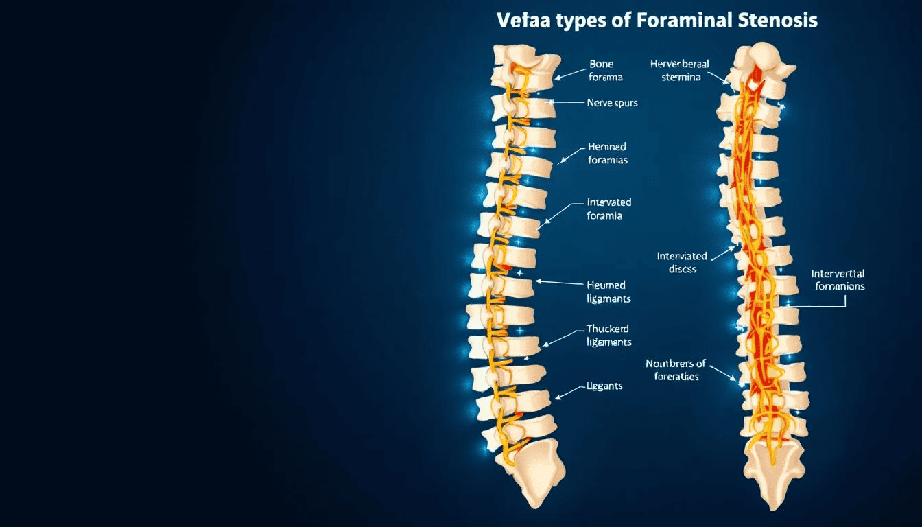 Illustration showing different types of foraminal stenosis affecting the spine.