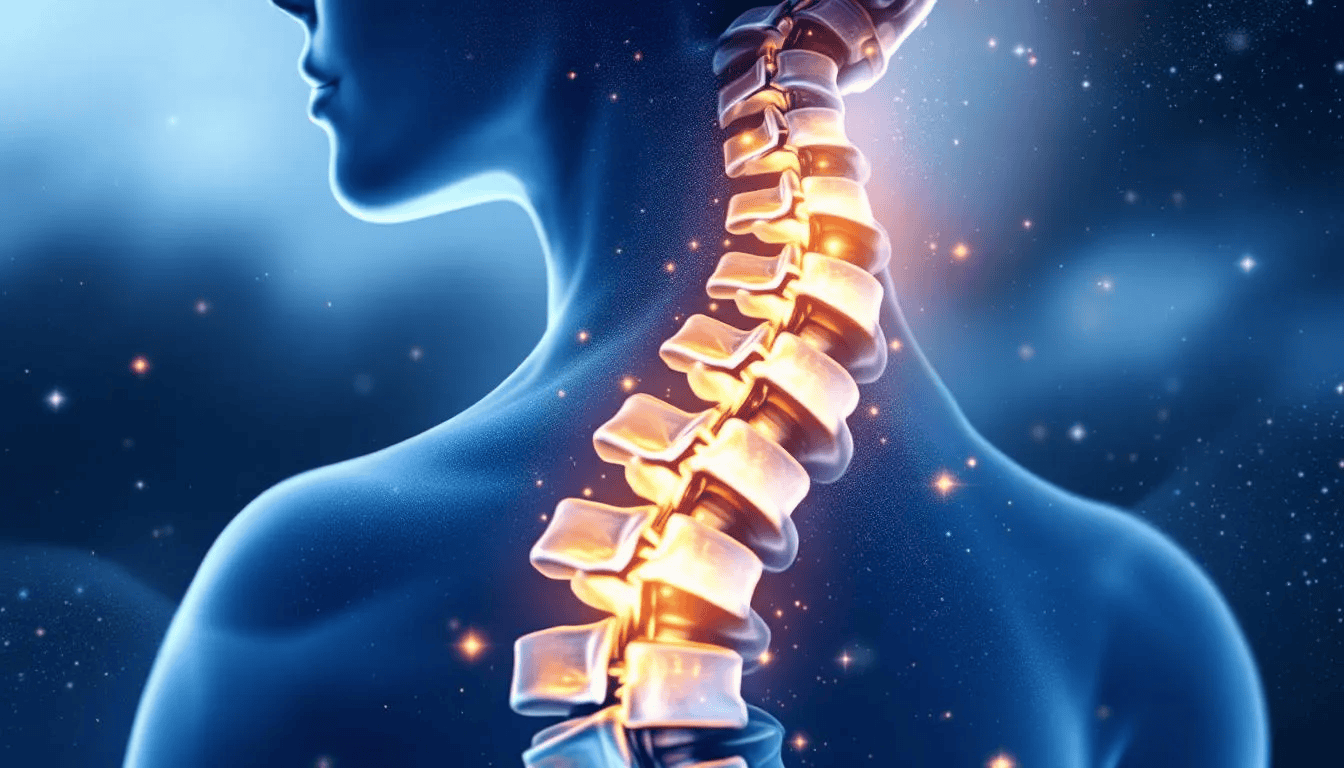 An illustration showing a human spine with a highlighted fractured vertebra.