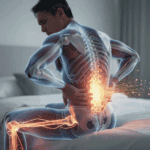 person sitting with a pained expression, holding their lower back as they experience a tingling sensation and pins and needles symptoms, indicative of nerve irritation or a possible herniated disc. This scene highlights the discomfort associated with chronic low back pain and the need for immediate medical attention to relieve pain and support recovery.