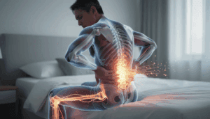 person sitting with a pained expression, holding their lower back as they experience a tingling sensation and pins and needles symptoms, indicative of nerve irritation or a possible herniated disc. This scene highlights the discomfort associated with chronic low back pain and the need for immediate medical attention to relieve pain and support recovery.