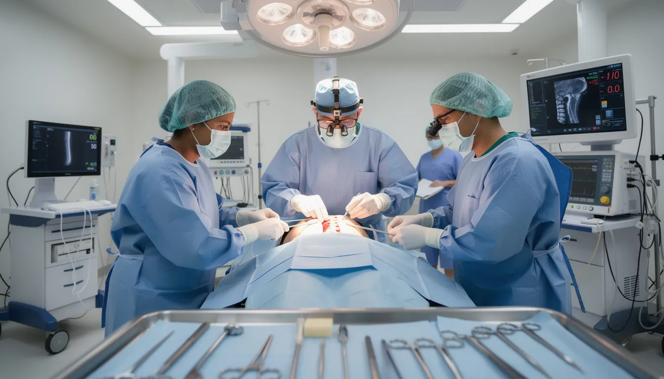 A surgical team of orthopaedic surgeons is performing a spinal fusion surgery in an operating room, surrounded by bright overhead lights and monitors displaying vital signs. The procedure involves fusing two or more vertebrae to alleviate severe pain and address issues such as degenerative disc disease and spinal stenosis.