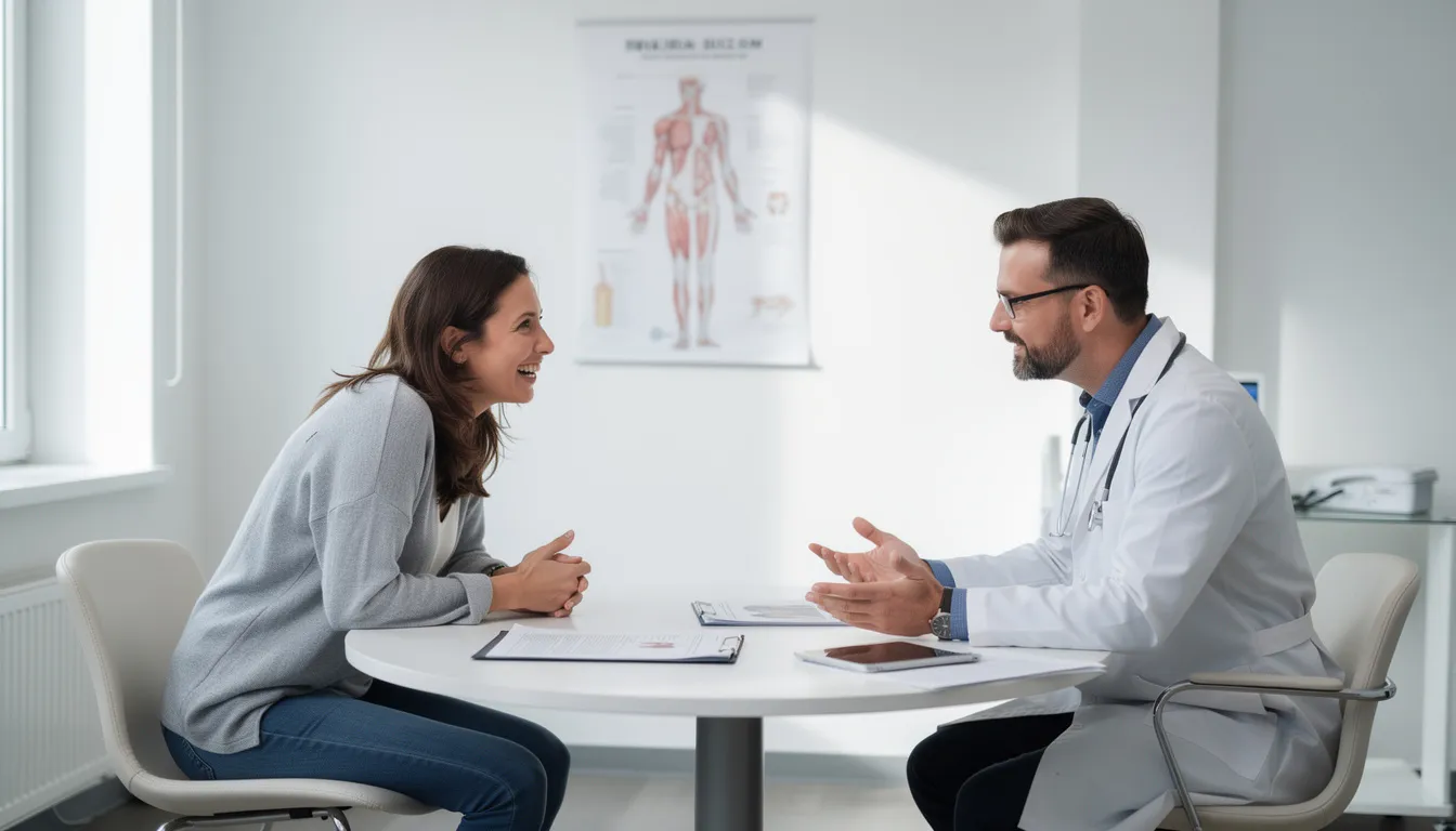 The image depicts a patient joyfully conversing with their doctor, likely discussing the positive outcomes of spinal fusion surgery. The interaction reflects a supportive healthcare environment, emphasizing the importance of communication in the recovery process.