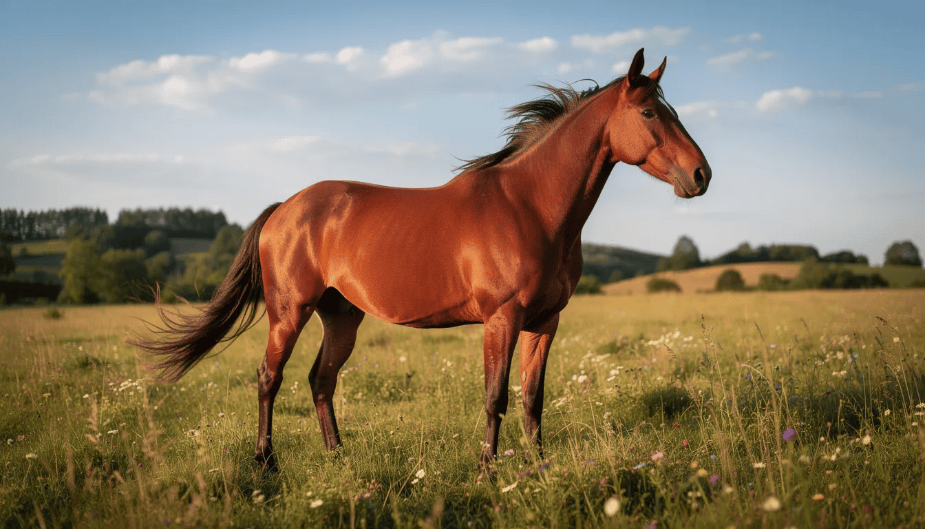 The image features a majestic horse standing in a lush green field, showcasing its strong physique and flowing mane. This beautiful animal represents the grace and power of nature, reminiscent of the cauda equina, a bundle of nerve roots at the end of the spinal cord, essential for controlling movement and sensation in the lower limbs.