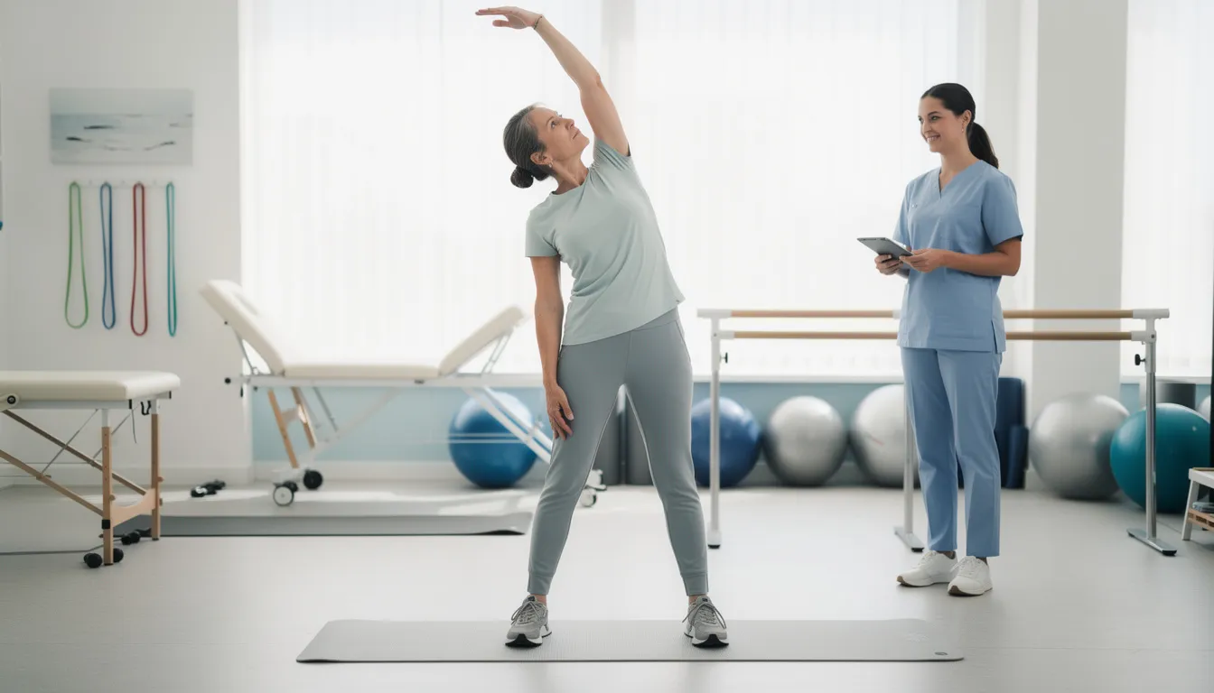 The image depicts a person engaged in gentle stretching exercises within a physical therapy gym, aimed at improving flexibility and reducing pain, possibly after spinal fusion surgery. The setting includes exercise mats and various rehabilitation equipment, emphasizing a supportive environment for recovery and rehabilitation of the spine.