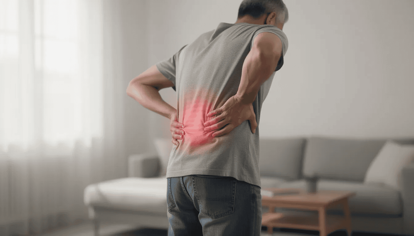 The image depicts a person experiencing severe back pain, possibly indicating a condition related to the spinal column. This discomfort may be associated with issues such as cauda equina syndrome, which can affect bladder and bowel function and requires immediate medical attention.