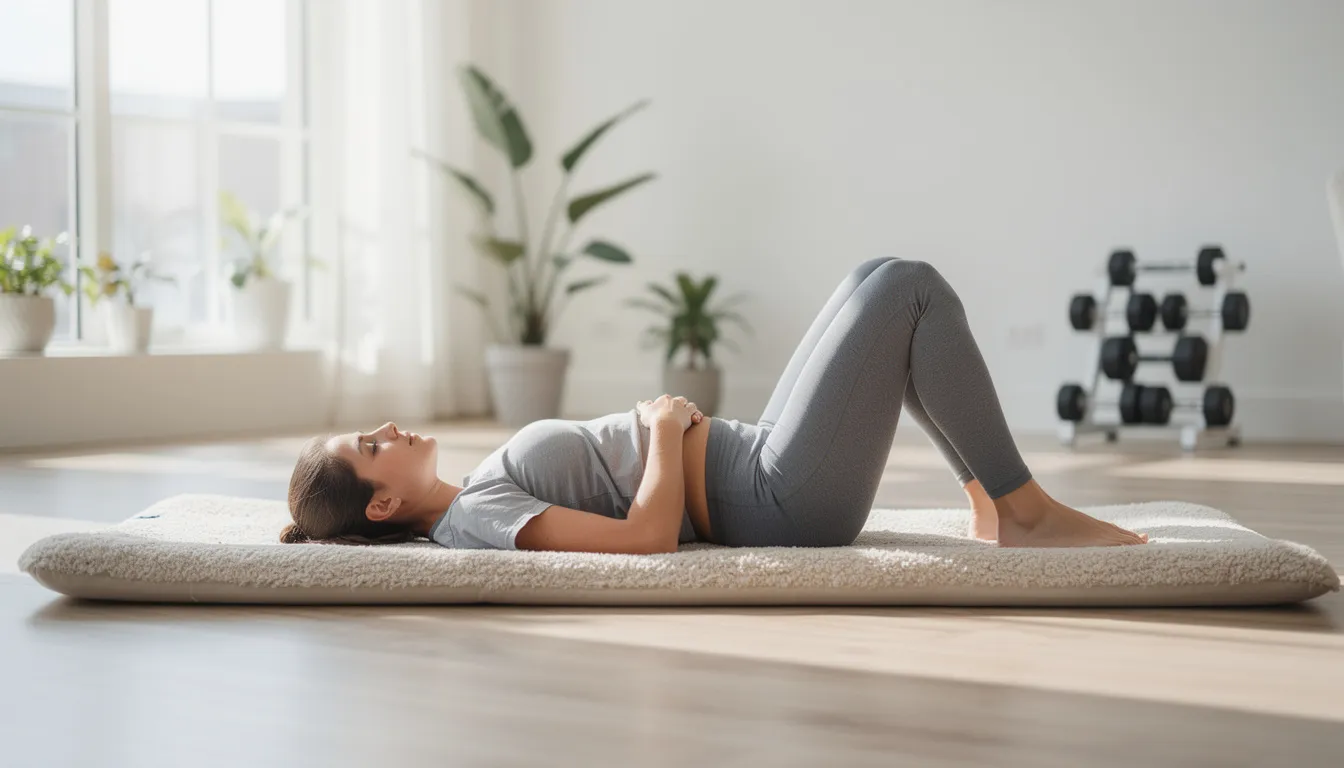 A person is performing gentle core strengthening exercises on an exercise mat, focusing on improving mobility and stability to alleviate symptoms associated with spinal arthritis and lumbar spine osteoarthritis. This activity helps strengthen the muscles around the spine, which can reduce pain and stiffness in the affected joints.