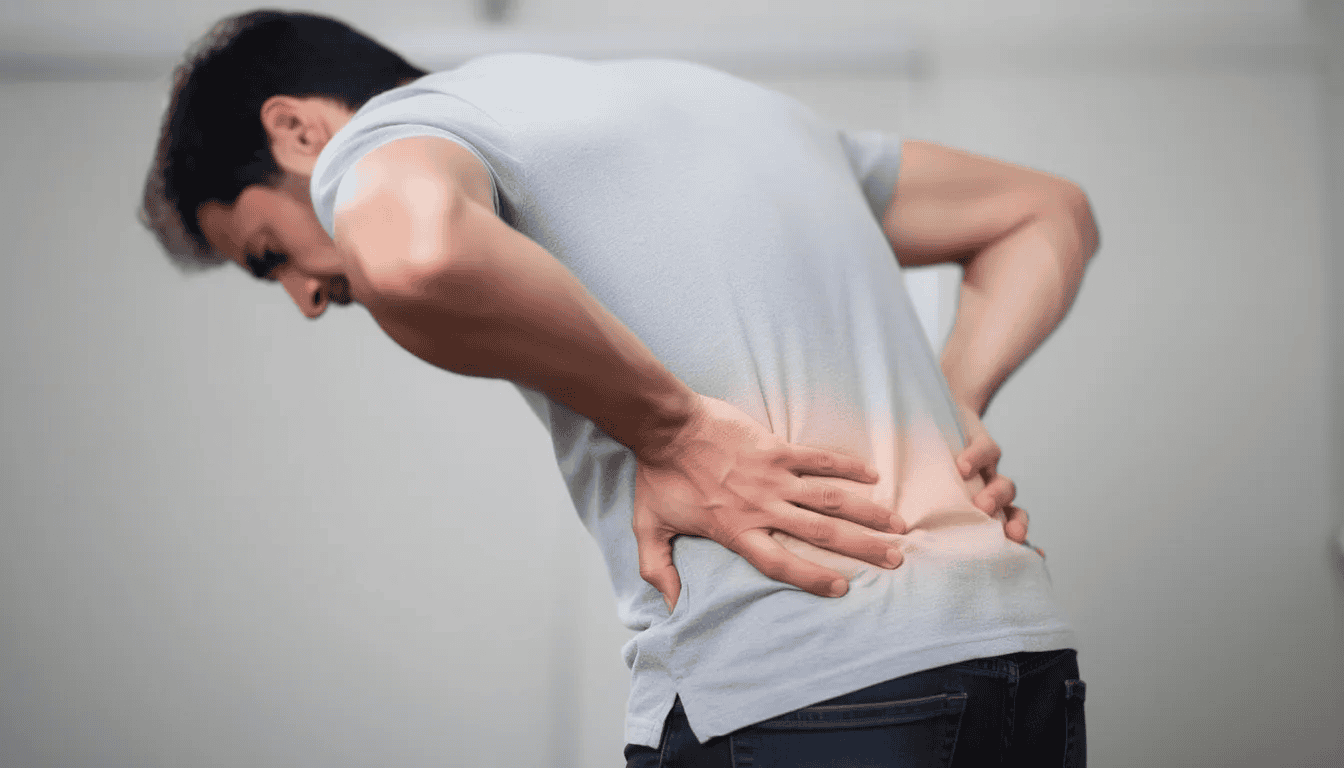 A person stands with a pained expression, holding their lower back, indicating severe pain that may suggest a serious condition such as cauda equina syndrome. This medical emergency can affect bladder and bowel function, requiring immediate attention from healthcare professionals.
