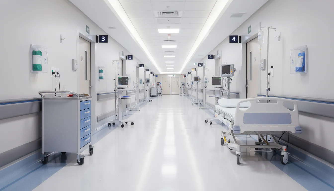 The image depicts a modern hospital corridor featuring clean, polished floors and various medical equipment, emphasizing a clinical environment where procedures such as spinal fusion surgery may take place. The corridor suggests a focus on patient care and advanced medical practices, including potential treatments for conditions like degenerative disc disease and spinal stenosis.