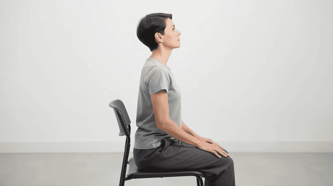 A person is sitting upright on a chair, performing a chin tuck exercise with their hands resting on their lap, aimed at alleviating neck pain and improving posture. This exercise helps to decompress the neck and relieve tension in the neck muscles, promoting overall neck health.