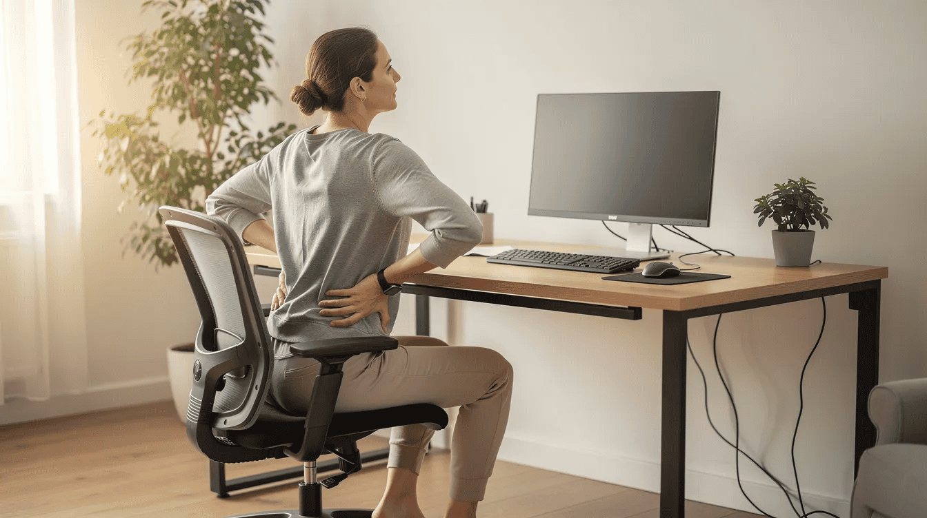 A person is sitting at a desk, gently stretching their lower back with hands on their hips, possibly to alleviate discomfort from back pain. This image reflects the importance of maintaining spinal health and could relate to conditions like disc degeneration or nerve compression, which may require diagnostic processes such as an MRI scan for proper evaluation and treatment.