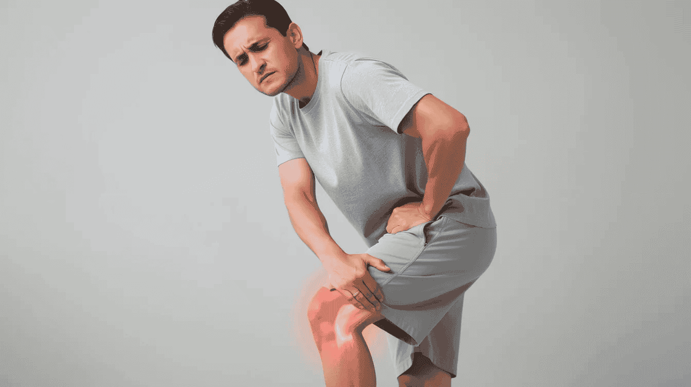 The image shows a person standing and holding the back of their thigh and calf, indicating discomfort likely associated with sciatica pain. This posture suggests leg pain possibly linked to issues with the sciatic nerve, such as irritation or inflammation affecting the lower back and legs.