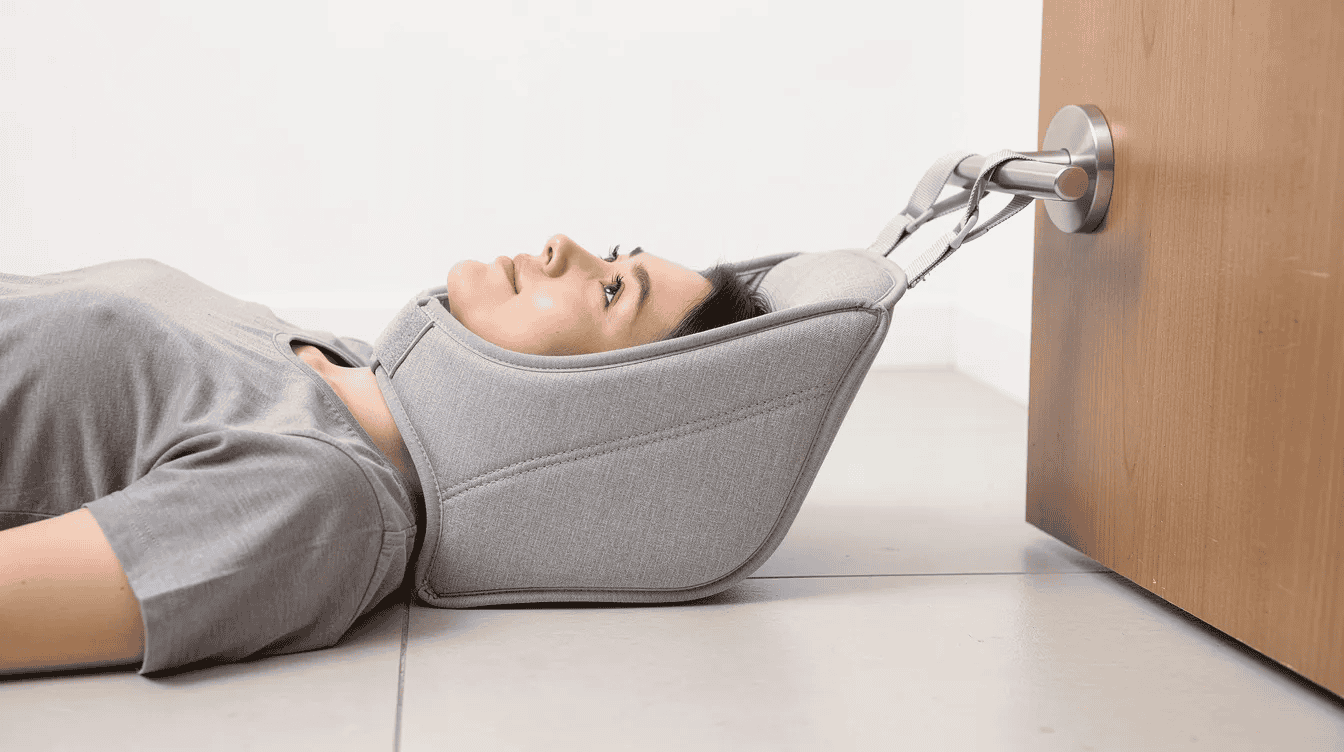 A person lies on the floor with their neck comfortably resting in a fabric sling device attached to a door handle, engaging in neck decompression exercises to alleviate neck pain and relieve tension in the neck muscles. This position helps improve neck health by gently stretching and reducing strain on the cervical spine.