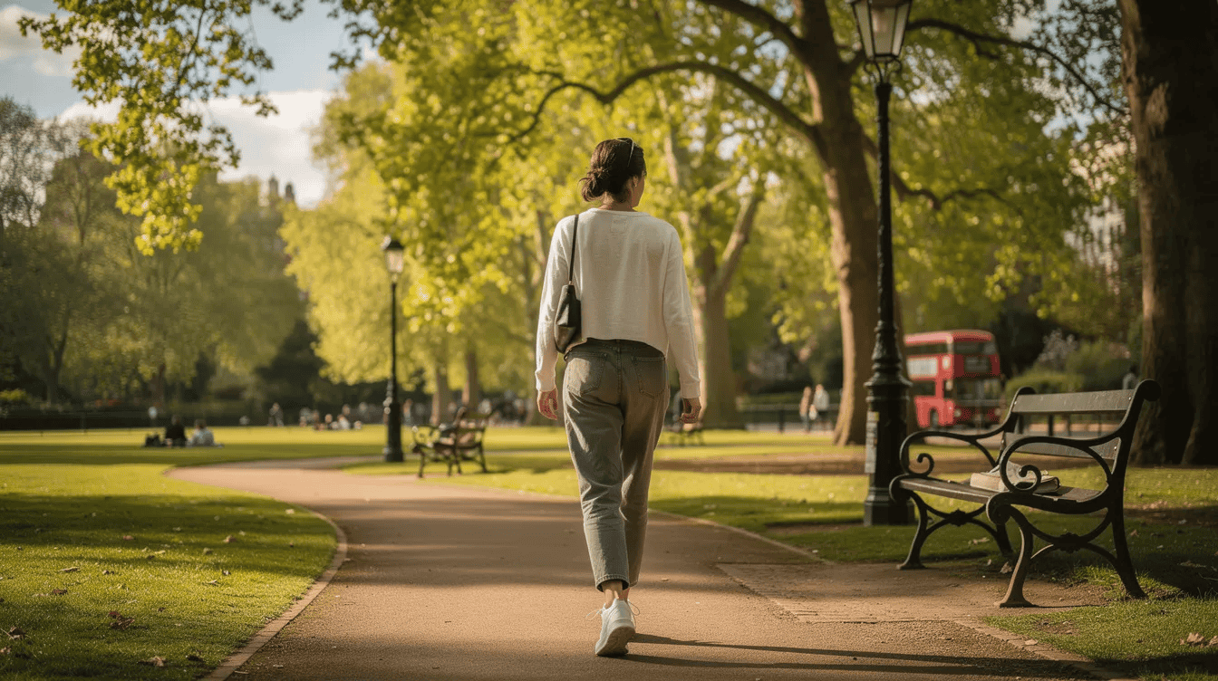 A person strolls comfortably through a sunny London park, enjoying the vibrant greenery and warmth of the day. This scene reflects the relief and joy that can come from effective back pain treatment and management, highlighting the importance of spinal care and personalized treatment plans for those dealing with back issues.