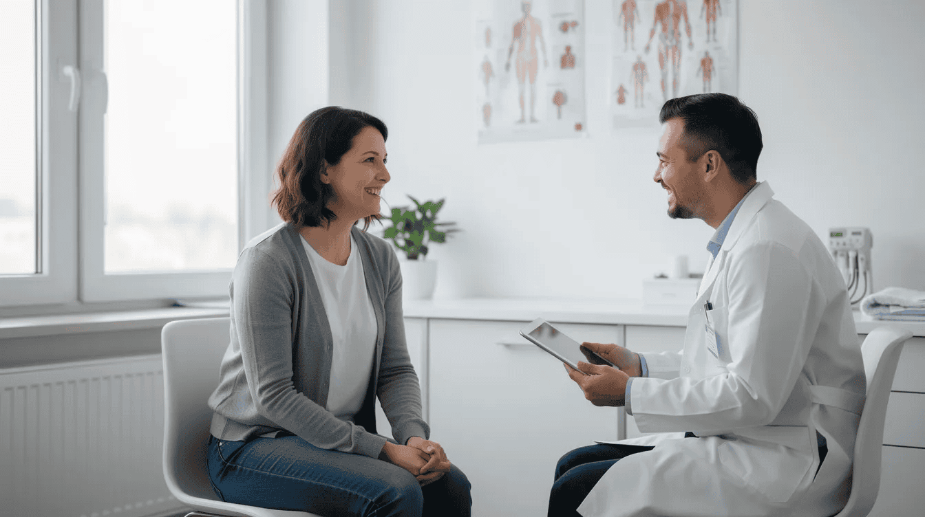 A patient is engaged in a friendly consultation with a doctor in a bright clinical office, discussing their medical history and potential diagnostic processes for back pain. The conversation may include topics such as MRI scans, spinal imaging, and treatment options for conditions like spinal stenosis or disc degeneration.
