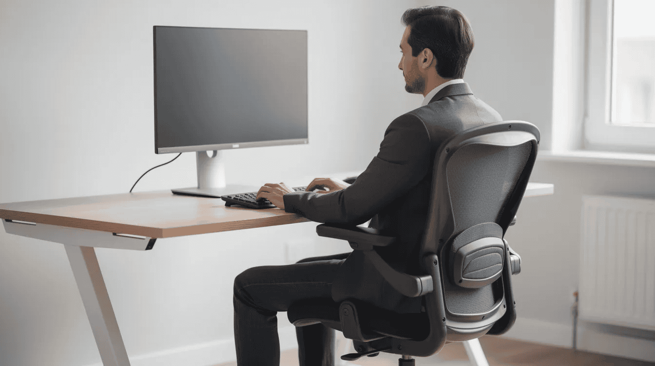A person is seated at an ergonomic desk, maintaining good posture with their monitor at eye level and feet flat on the floor, which helps alleviate neck pain and relieve tension in the neck muscles. This setup promotes overall neck health and reduces the risk of muscle strain associated with poor posture.