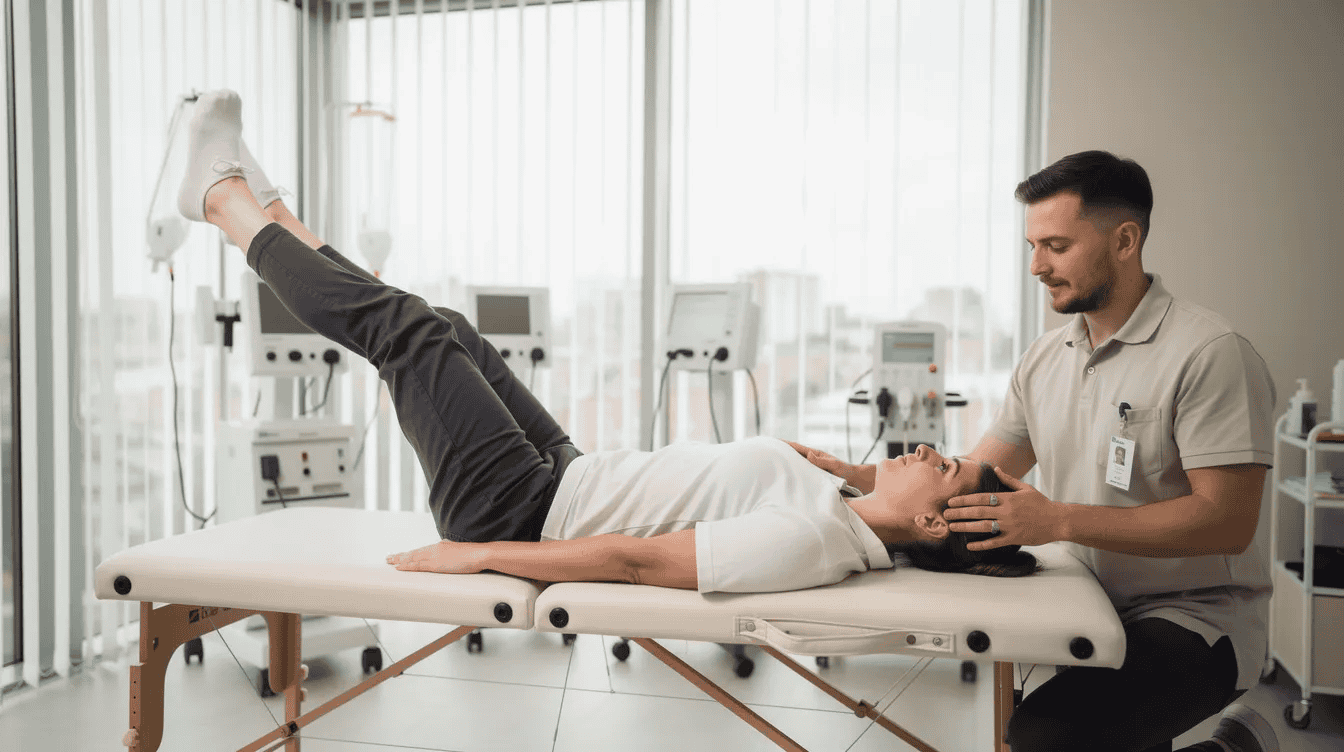 A physiotherapist is assisting a patient with a leg stretch exercise in a bright clinic room, focusing on improving flexibility and alleviating symptoms of sciatica. This gentle exercise aims to relieve leg pain and enhance blood flow, while promoting good posture and reducing the risk of nerve damage in the lumbar spine.