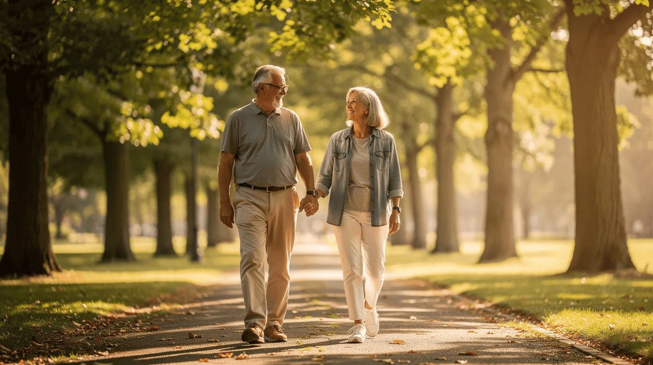 The image depicts a joyful older couple strolling together along a sunlit path lined with trees, embodying a sense of happiness and companionship. This scene symbolizes the importance of maintaining an active lifestyle, which can be beneficial for those dealing with back pain or seeking relief from chronic conditions.