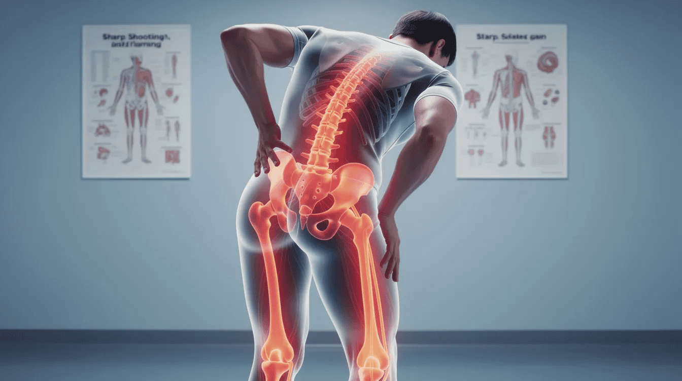 The image depicts a person experiencing low back pain along with sharp, shooting leg pain, indicative of sciatica symptoms. This individual may benefit from treatment options like lumbar epidural steroid injections, which can provide temporary pain relief by targeting irritated nerve roots in the epidural space.