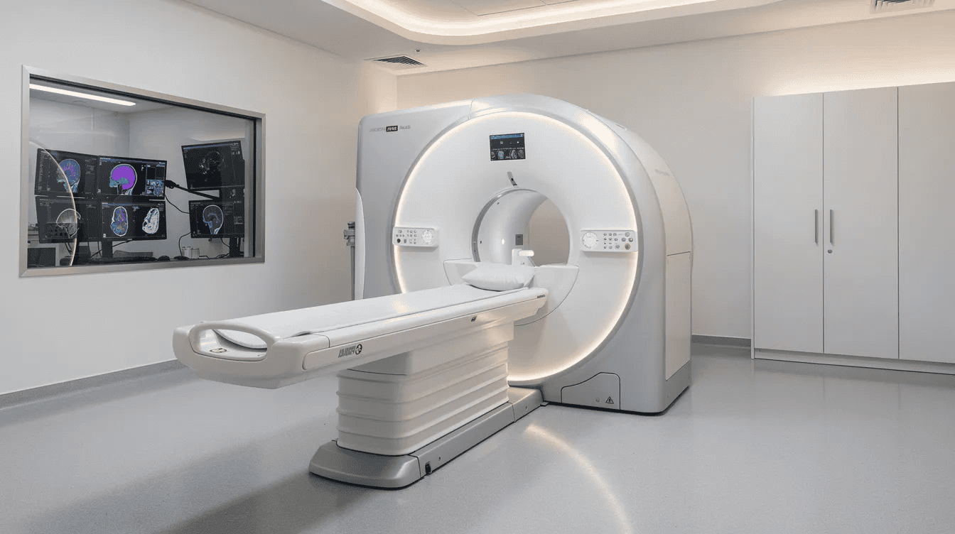 The image depicts a modern medical imaging suite featuring a sleek MRI scanner in a clean, clinical environment, designed for efficient care and accurate diagnosis of conditions such as back pain and spinal stenosis. This setting is essential for pain specialists to develop personalized treatment plans and effectively manage chronic pain through diagnostic tests and imaging.
