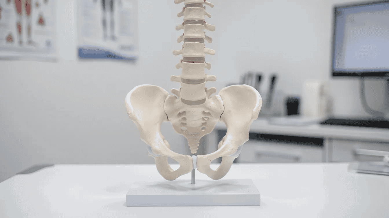 The image depicts an anatomical model of the lower spine and pelvis, prominently featuring the sciatic nerve, which is crucial for understanding sciatica symptoms such as leg pain and muscle weakness. This detailed model is placed on a medical desk, highlighting its use in physical examinations and accurate diagnosis of conditions like herniated discs and piriformis syndrome.