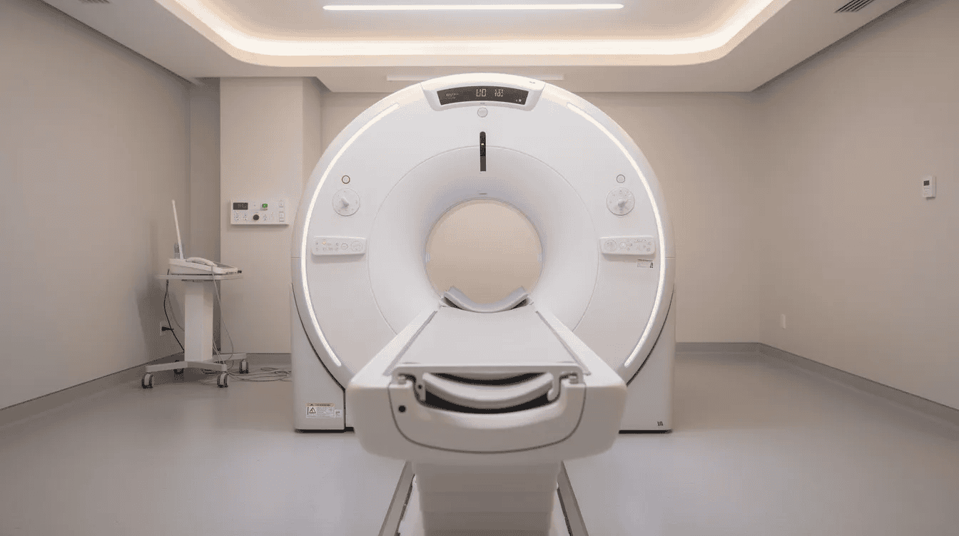 The image shows a modern MRI scanner situated in a clean clinical room, illuminated by soft lighting, highlighting its role in the diagnostic process for conditions like back pain and spinal stenosis. This imaging test uses radio waves to create detailed images of the spine, aiding doctors in determining the cause of symptoms such as muscle weakness or nerve compression.