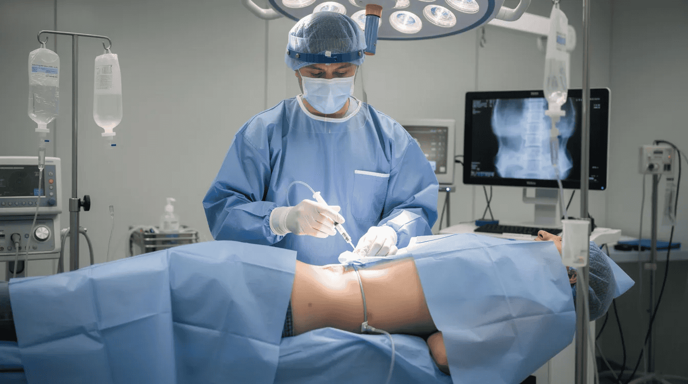 A spine surgeon is performing a lumbar epidural steroid injection in an operating theatre, aimed at providing temporary pain relief for patients suffering from conditions like sciatica and spinal stenosis. The procedure utilizes imaging guidance to accurately target the epidural space and affected nerve roots, helping to reduce inflammation and alleviate nerve pain.